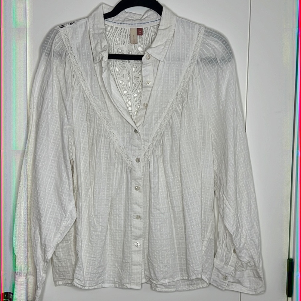 🕶️Anthropologie⚡️Pilcro XL Lace Back Buttondown Shirt crochet detail off white - Picture 2 of 9